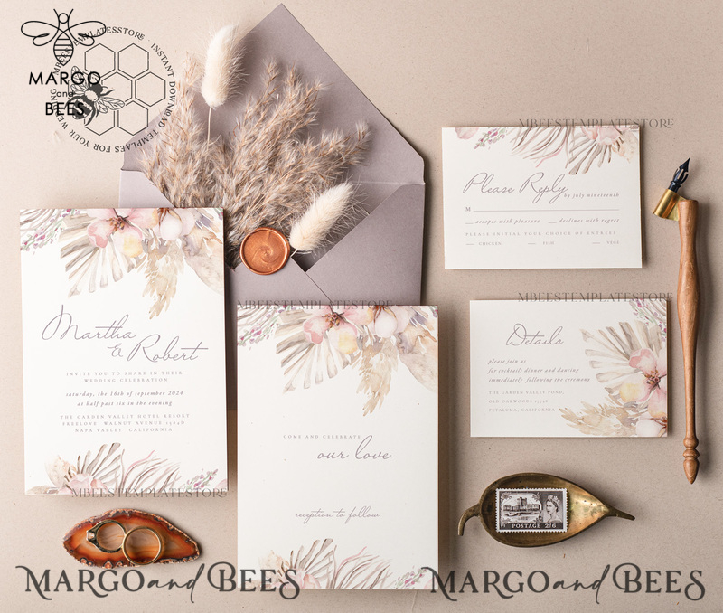 Modern Boho wedding Invitations Set Template, Instant Download Printable Invites Home Printing, Simple Rustic Wedding Invitation Card Set-0