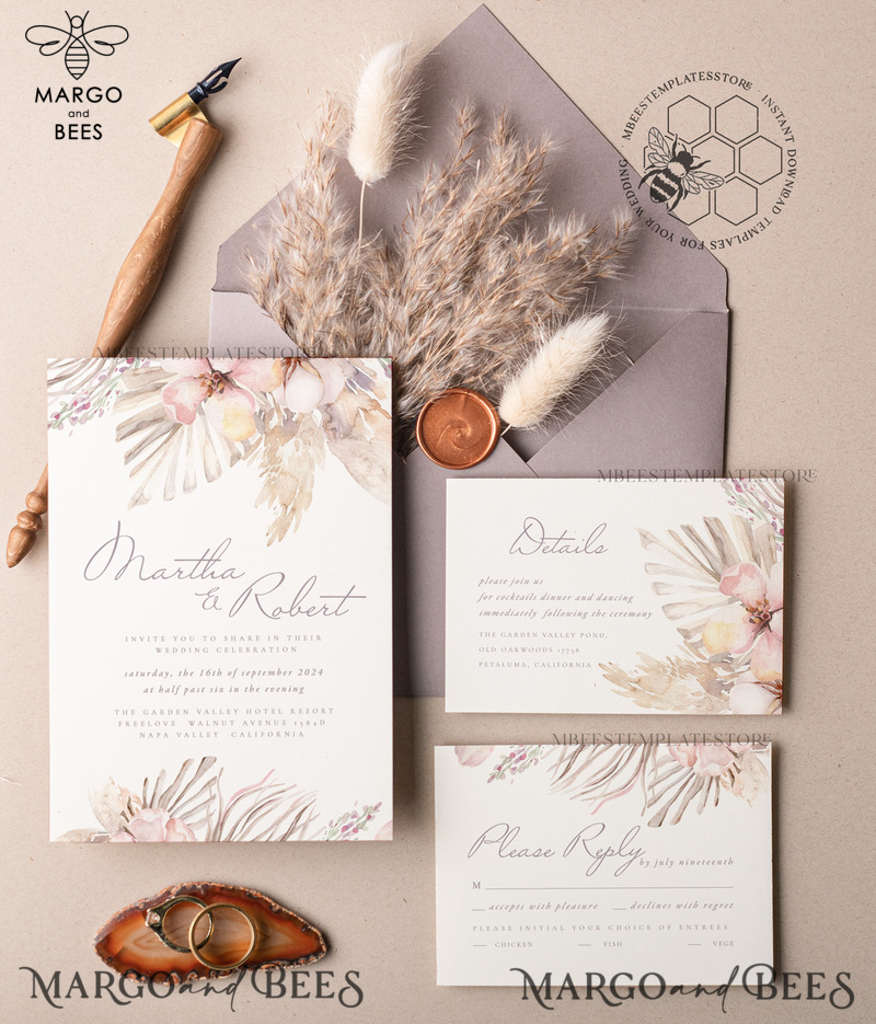 Modern Boho wedding Invitations Set Template, Instant Download Printable Invites Home Printing, Simple Rustic Wedding Invitation Card Set-1