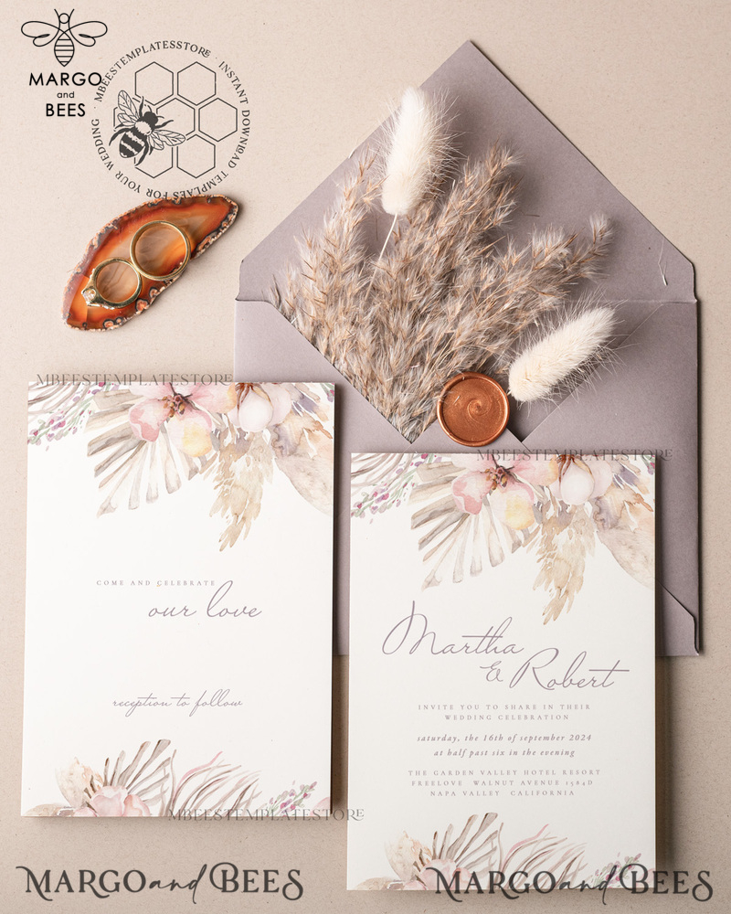 Modern Boho wedding Invitations Set Template, Instant Download Printable Invites Home Printing, Simple Rustic Wedding Invitation Card Set-3