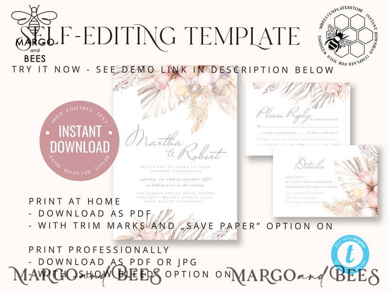 Modern Boho wedding Invitations Set Template, Instant Download Printable Invites Home Printing, Simple Rustic Wedding Invitation Card Set-4