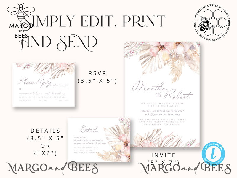 Modern Boho wedding Invitations Set Template, Instant Download Printable Invites Home Printing, Simple Rustic Wedding Invitation Card Set-5
