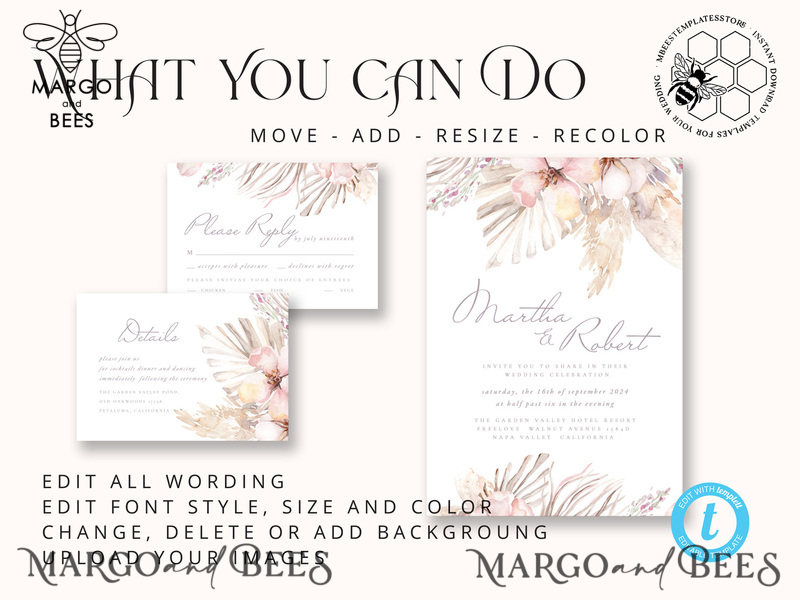 Modern Boho wedding Invitations Set Template, Instant Download Printable Invites Home Printing, Simple Rustic Wedding Invitation Card Set-6