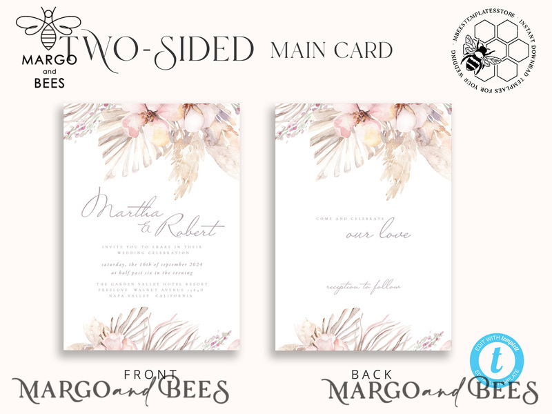 Modern Boho wedding Invitations Set Template, Instant Download Printable Invites Home Printing, Simple Rustic Wedding Invitation Card Set-8