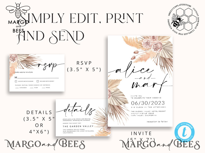 Elegant Boho wedding Invitations Set Template, Instant Download Printable Invites Home Printing, Simple Rustic Wedding Invitation Card Set-5