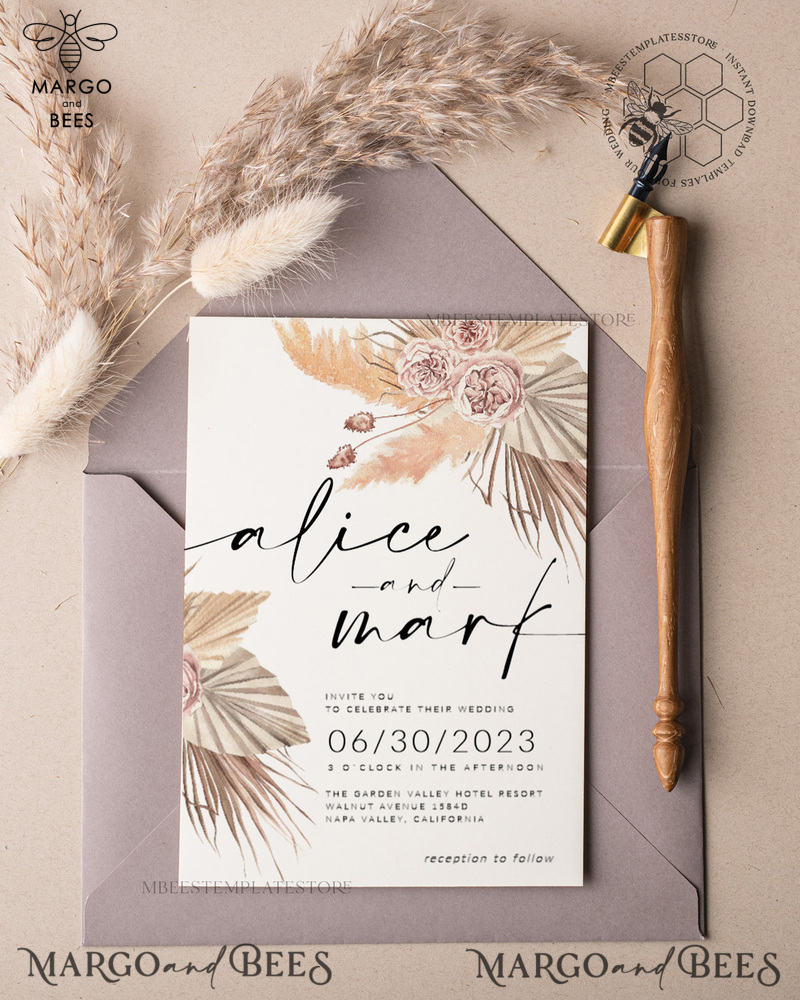 Elegant Boho wedding Invitations Set Template, Instant Download Printable Invites Home Printing, Simple Rustic Wedding Invitation Card Set-1