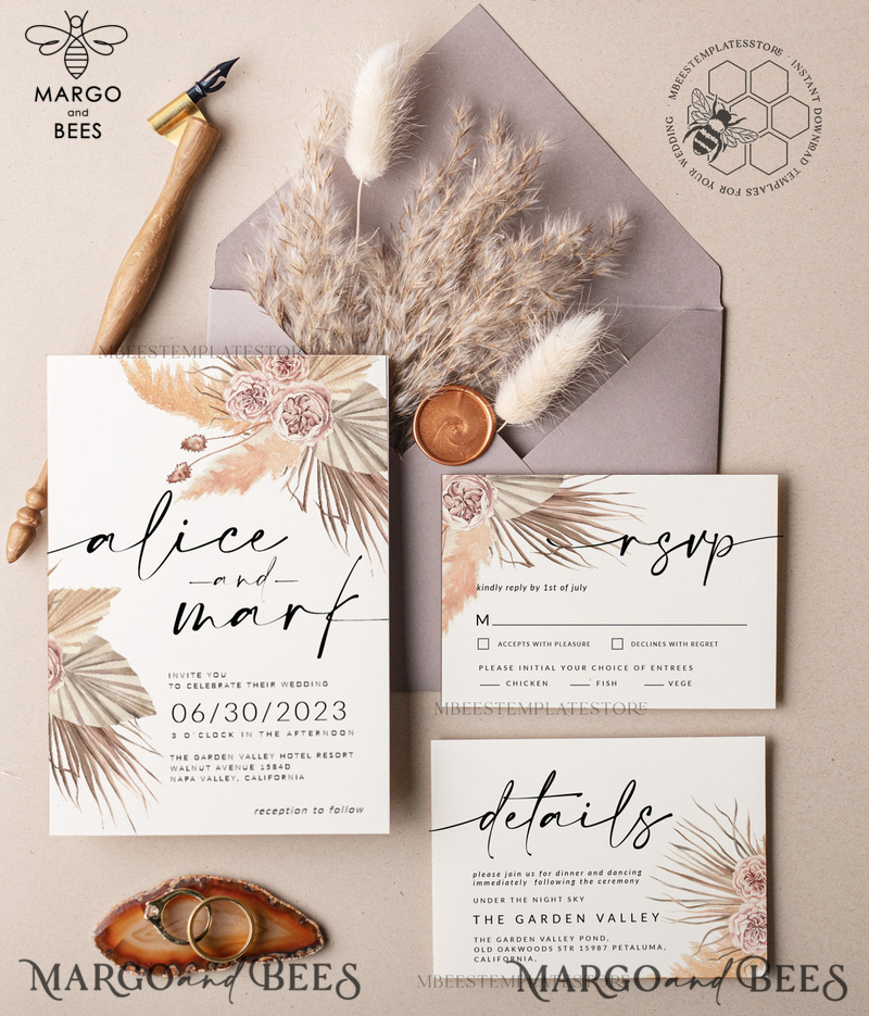 Elegant Boho wedding Invitations Set Template, Instant Download Printable Invites Home Printing, Simple Rustic Wedding Invitation Card Set-0