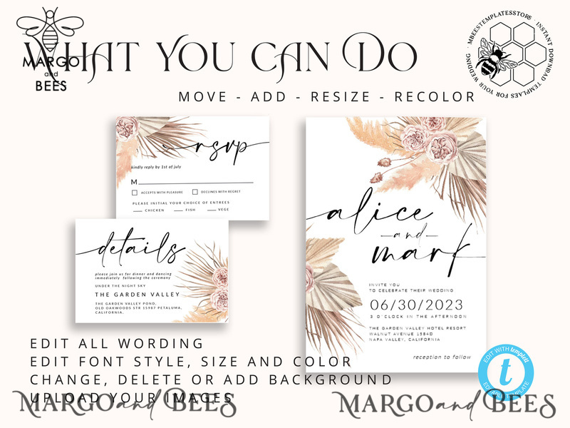 Elegant Boho wedding Invitations Set Template, Instant Download Printable Invites Home Printing, Simple Rustic Wedding Invitation Card Set-6