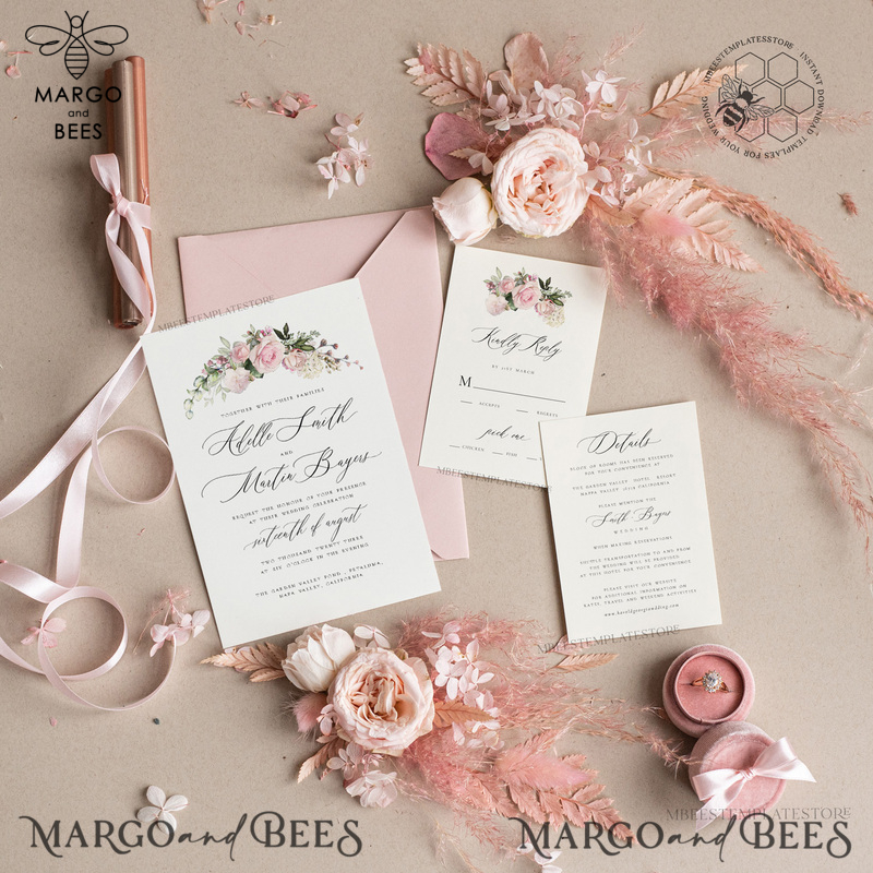 Elegant Blush wedding Invitation Template, Instant Download Printable Invites Home Printing, Pink Boho Wedding Invitation Card Set Template-0