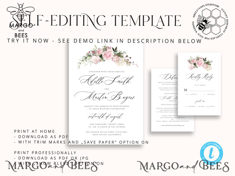 Elegant Blush wedding Invitation Template, Instant Download Printable Invites Home Printing, Pink Boho Wedding Invitation Card Set Template-5