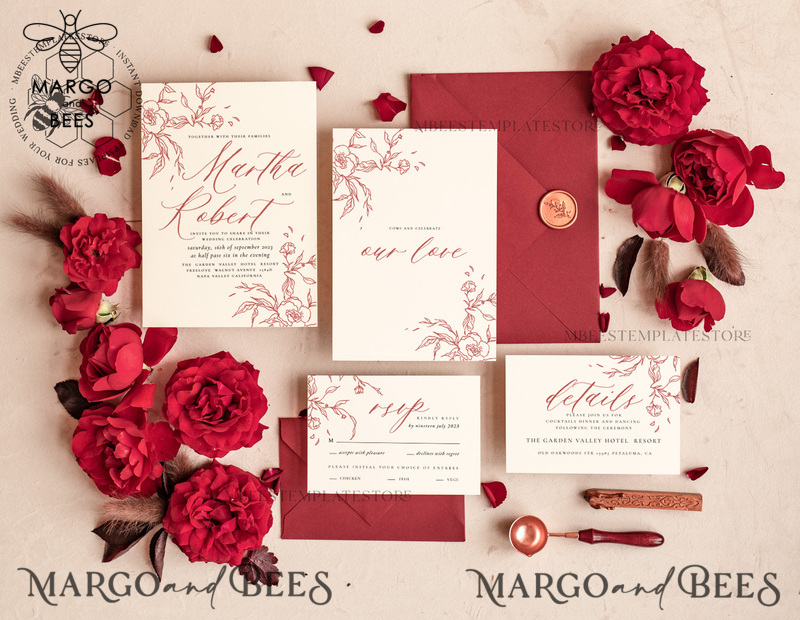 Maroon Fall wedding invitation template, Instant download Boho Wedding Invites Autumn Burgundy Invitation Printable Template Simple Fine Art-1