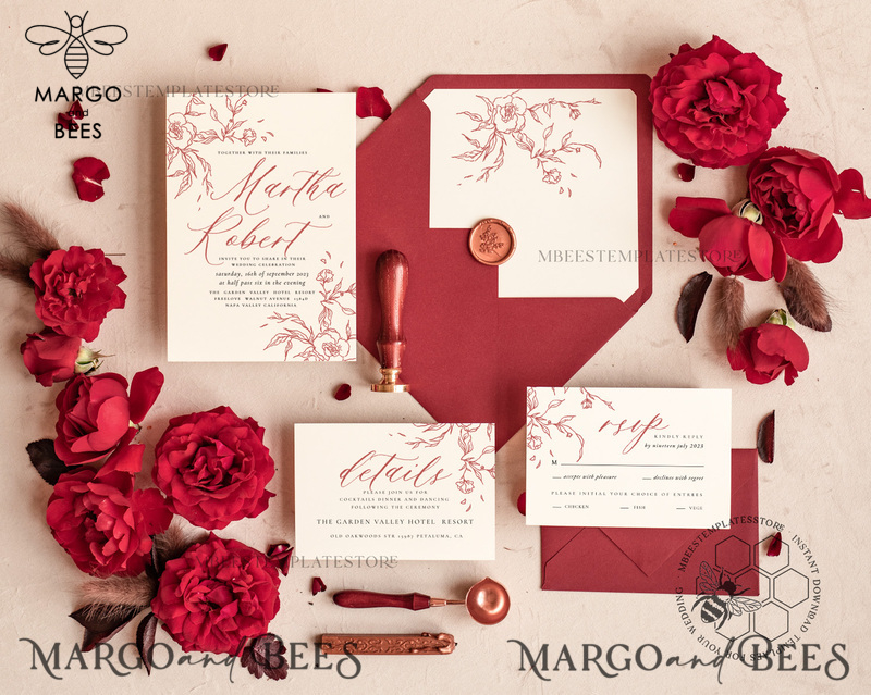 Maroon Fall wedding invitation template, Instant download Boho Wedding Invites Autumn Burgundy Invitation Printable Template Simple Fine Art-0