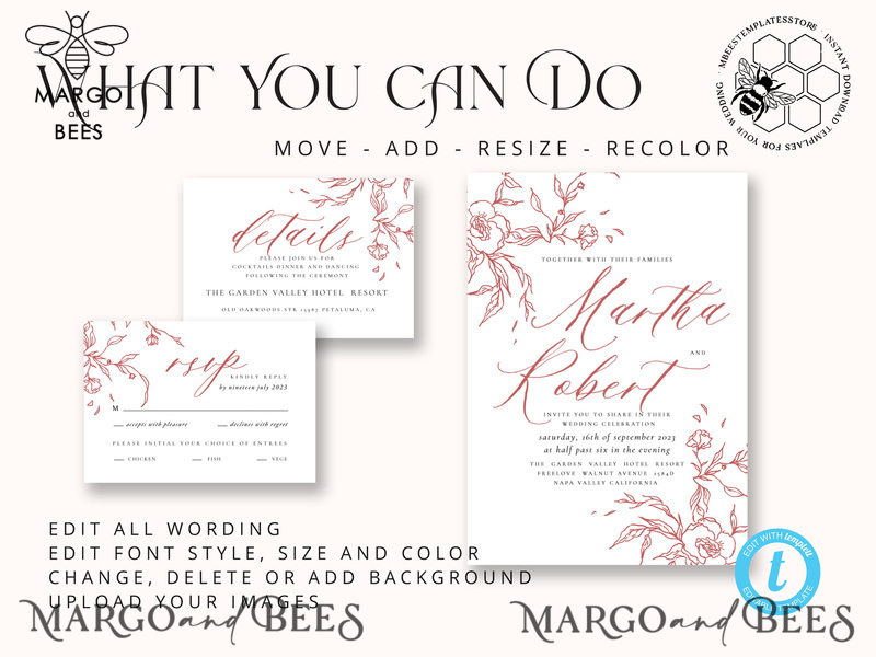 Maroon Fall wedding invitation template, Instant download Boho Wedding Invites Autumn Burgundy Invitation Printable Template Simple Fine Art-5