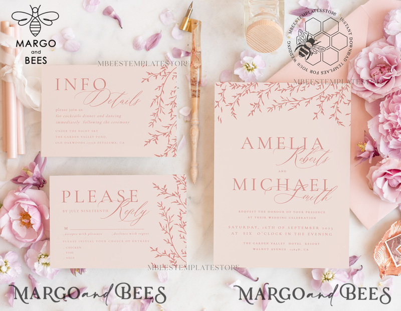 Elegant Blush wedding Invitation Template, Instant Download Printable Invites Home Printing, Pink Boho branch Wedding Invitation Card Set -1