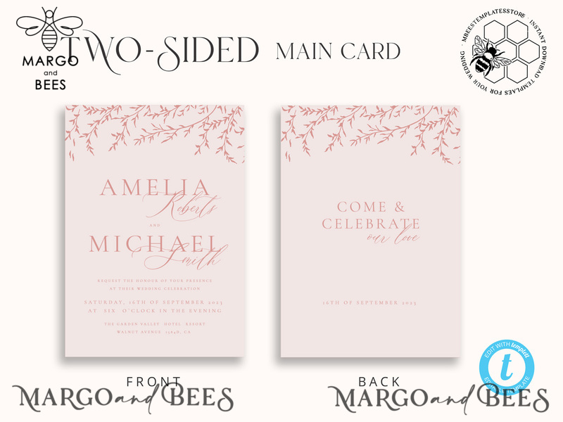 Elegant Blush wedding Invitation Template, Instant Download Printable Invites Home Printing, Pink Boho branch Wedding Invitation Card Set -7