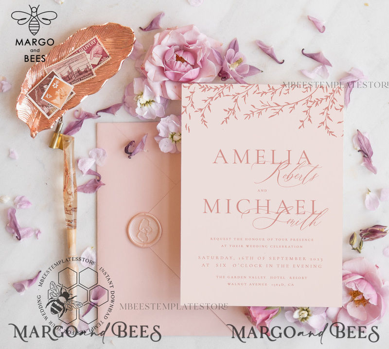 Elegant Blush wedding Invitation Template, Instant Download Printable Invites Home Printing, Pink Boho branch Wedding Invitation Card Set -0