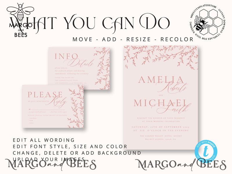 Elegant Blush wedding Invitation Template, Instant Download Printable Invites Home Printing, Pink Boho branch Wedding Invitation Card Set -4