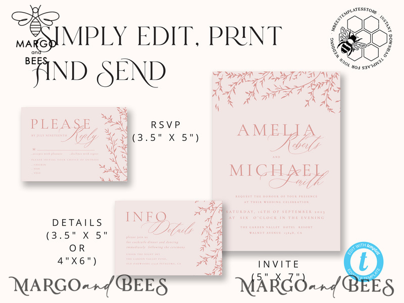Elegant Blush wedding Invitation Template, Instant Download Printable Invites Home Printing, Pink Boho branch Wedding Invitation Card Set -5