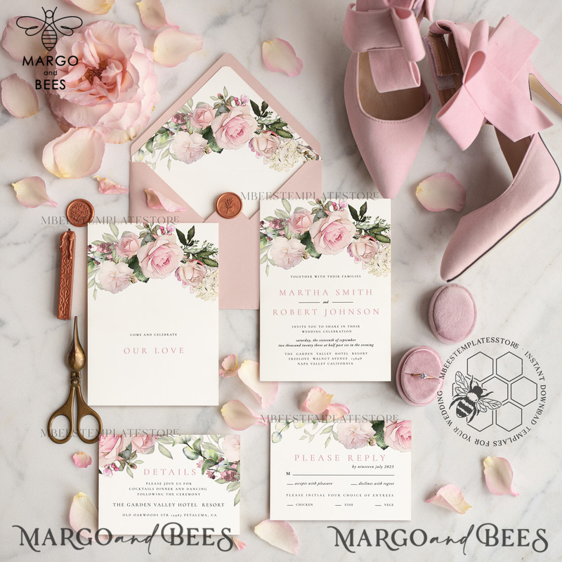 Elegant Blush wedding Invitation Template, Instant Download Printable Invites Home Printing, Pink roses Wedding Invitation Card Set Template-0