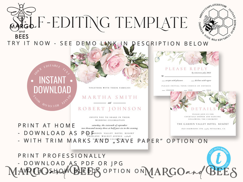 Elegant Blush wedding Invitation Template, Instant Download Printable Invites Home Printing, Pink roses Wedding Invitation Card Set Template-9