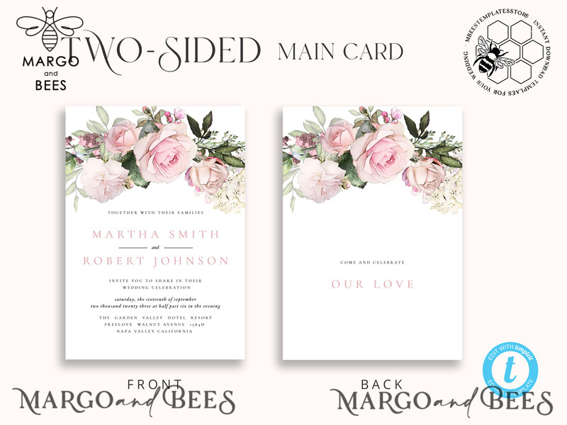 Elegant Blush wedding Invitation Template, Instant Download Printable Invites Home Printing, Pink roses Wedding Invitation Card Set Template-10