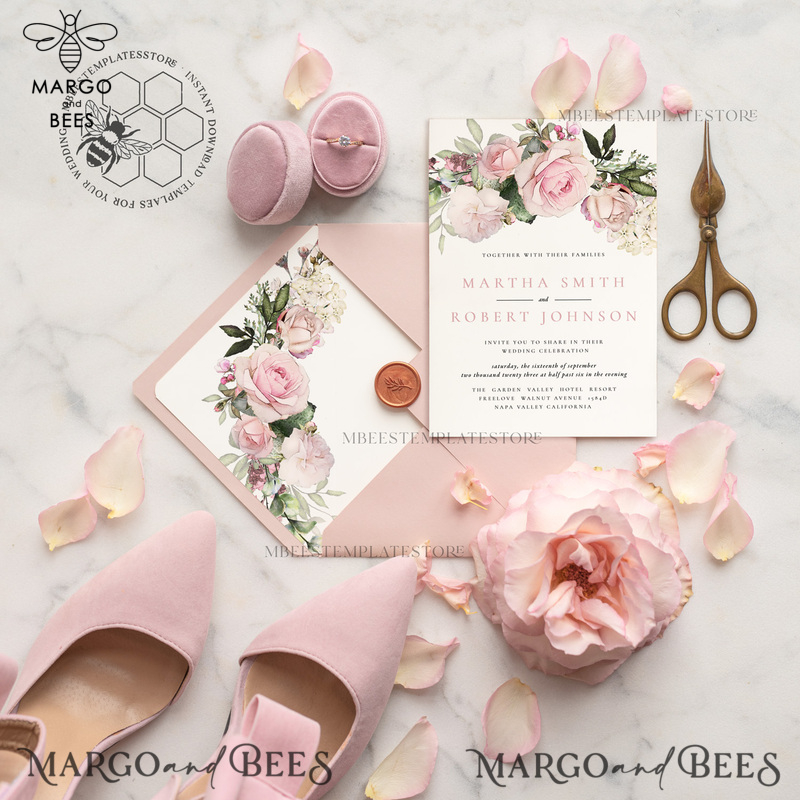 Elegant Blush wedding Invitation Template, Instant Download Printable Invites Home Printing, Pink roses Wedding Invitation Card Set Template-1