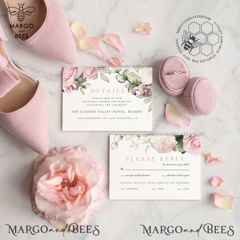 Elegant Blush wedding Invitation Template, Instant Download Printable Invites Home Printing, Pink roses Wedding Invitation Card Set Template-4