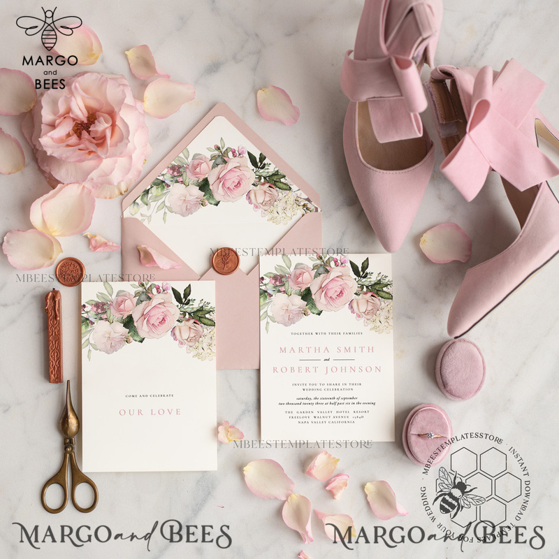 Elegant Blush wedding Invitation Template, Instant Download Printable Invites Home Printing, Pink roses Wedding Invitation Card Set Template-3