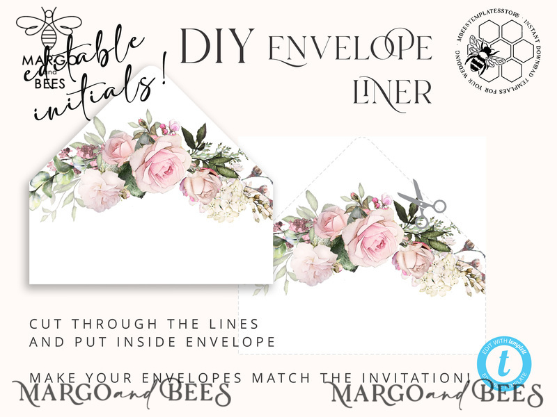 Elegant Blush wedding Invitation Template, Instant Download Printable Invites Home Printing, Pink roses Wedding Invitation Card Set Template-6