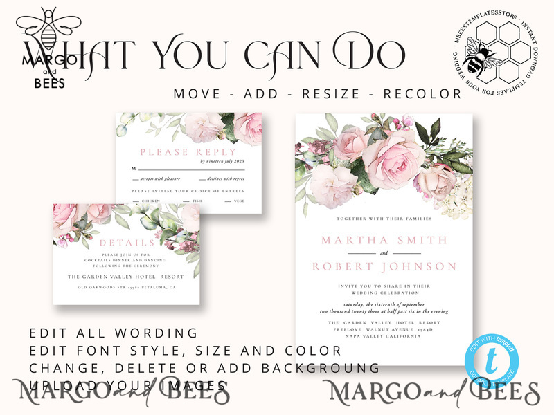 Elegant Blush wedding Invitation Template, Instant Download Printable Invites Home Printing, Pink roses Wedding Invitation Card Set Template-7