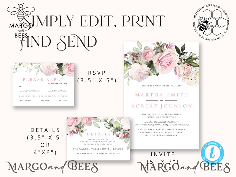 Elegant Blush wedding Invitation Template, Instant Download Printable Invites Home Printing, Pink roses Wedding Invitation Card Set Template-8