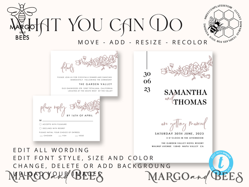 Minimalist wedding invitation template Instant download, Printable Invites For Home Printing, Beige wedding invitation Set template-4