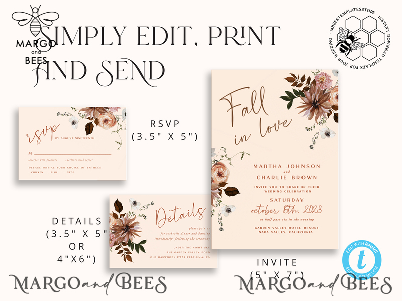 Boho fall wedding Invitations Set Template, Instant Download Printable Invites Home Printing, Terracotta Autumn Wedding Invitation Card Set-5