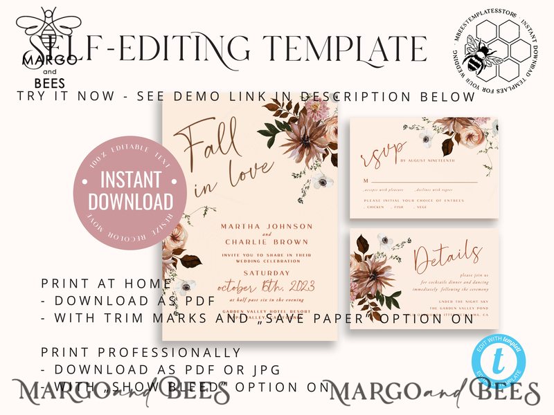 Boho fall wedding Invitations Set Template, Instant Download Printable Invites Home Printing, Terracotta Autumn Wedding Invitation Card Set-6