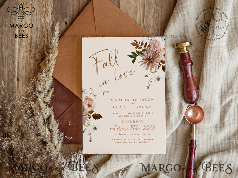Boho fall wedding Invitations Set Template, Instant Download Printable Invites Home Printing, Terracotta Autumn Wedding Invitation Card Set-0