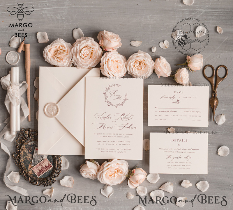 Elegant wedding Invitation Template, Simple Instant Download Printable Invites Home Printing, Boho Modern Wedding Invitation Card Set-3
