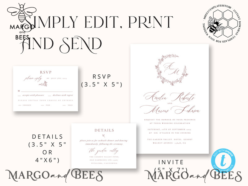 Elegant wedding Invitation Template, Simple Instant Download Printable Invites Home Printing, Boho Modern Wedding Invitation Card Set-7