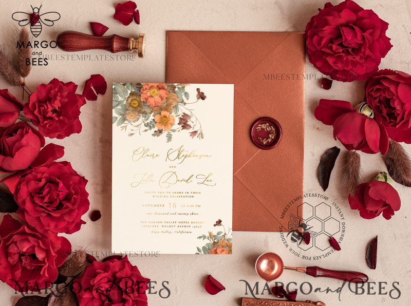 Boho fall wedding Invitations Set Template, Instant Download Printable Invites Home Printing, Terracotta Autumn Fine Art Invitation Card Set-1