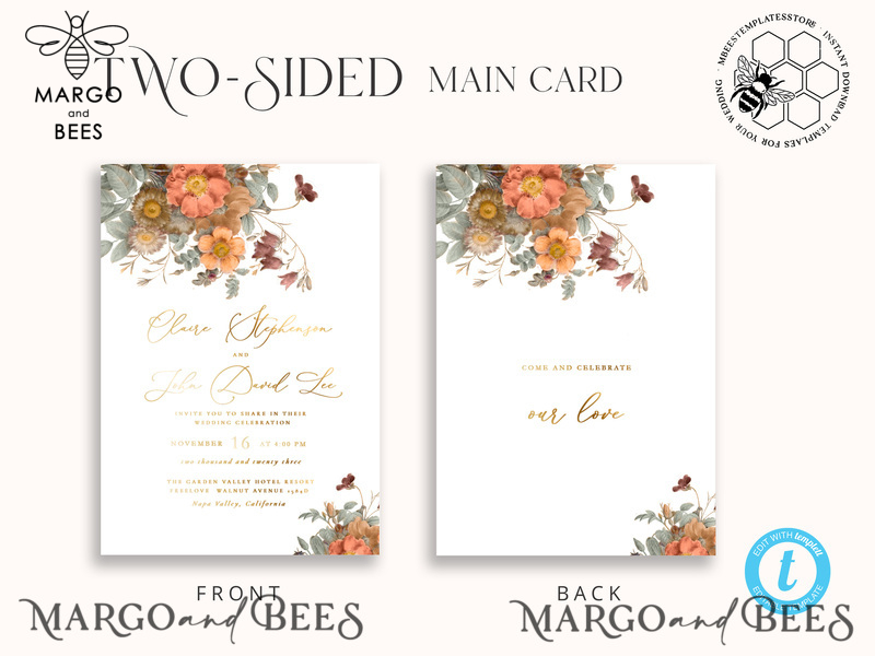 Boho fall wedding Invitations Set Template, Instant Download Printable Invites Home Printing, Terracotta Autumn Fine Art Invitation Card Set-6