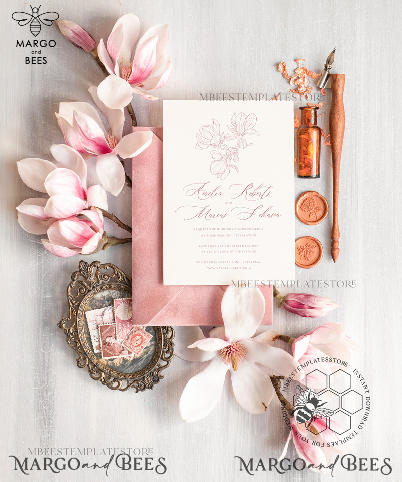 Elegant Spring Blush wedding Invitation Suite with Photo Template Instant Download Printable Invites Home Printing Pink Modern Wedding Cards Set-1