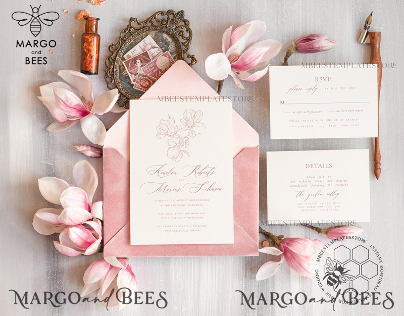 Elegant Spring Blush wedding Invitation Suite with Photo Template Instant Download Printable Invites Home Printing Pink Modern Wedding Cards Set-3