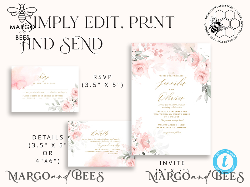 Elegant Blush wedding Invitation Template, Instant Download Printable Invites Home Printing, Pink Boho Wedding Invitation Card Set Template-4