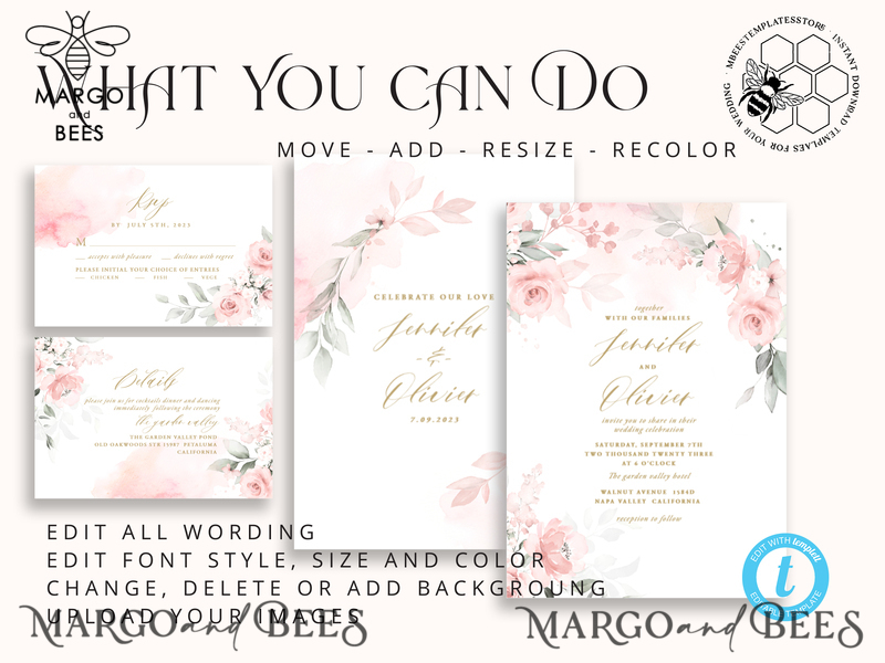 Elegant Blush wedding Invitation Template, Instant Download Printable Invites Home Printing, Pink Boho Wedding Invitation Card Set Template-5