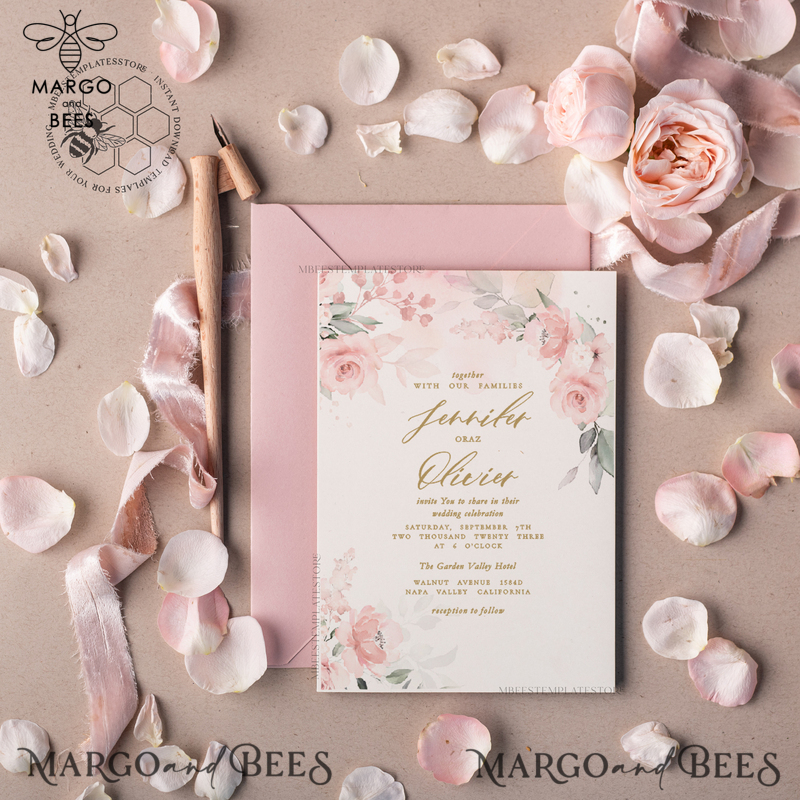 Elegant Blush wedding Invitation Template, Instant Download Printable Invites Home Printing, Pink Boho Wedding Invitation Card Set Template-2