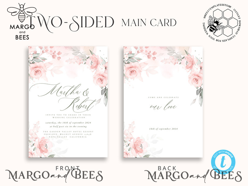 Elegant Rustic wedding Invitations Set Template, Instant Download Printable Invites Home Printing, Simple Boho Wedding Invitation Card Set-4