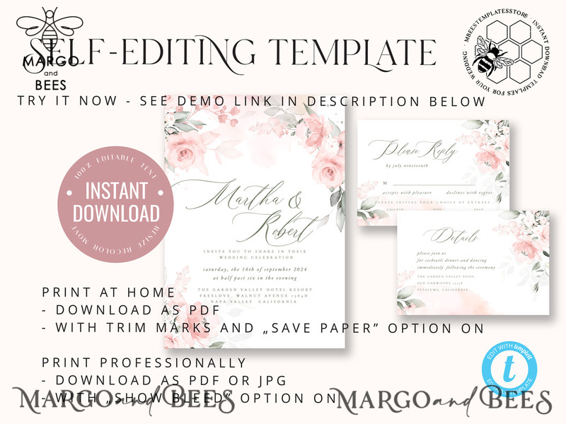 Elegant Rustic wedding Invitations Set Template, Instant Download Printable Invites Home Printing, Simple Boho Wedding Invitation Card Set-8