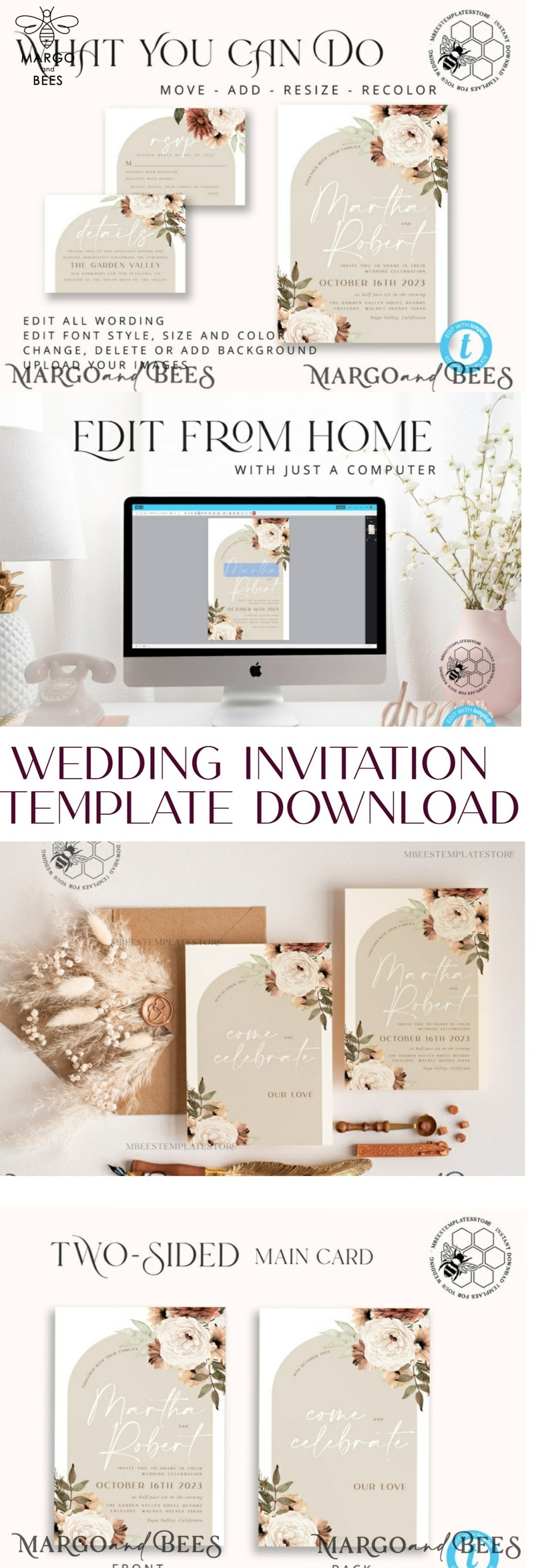 Boho Ivory wedding Invitations Set Template, Instant Download Printable Invites Home Printing, Simple Boho Wedding Invitation Card Set-12