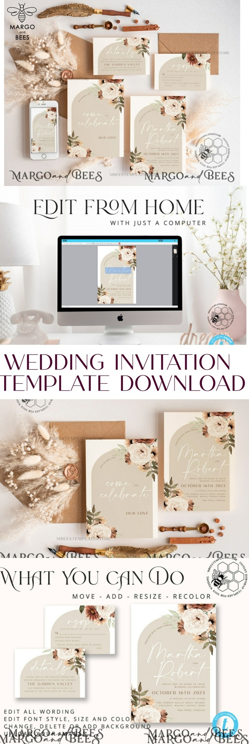 Boho Ivory wedding Invitations Set Template, Instant Download Printable Invites Home Printing, Simple Boho Wedding Invitation Card Set-11