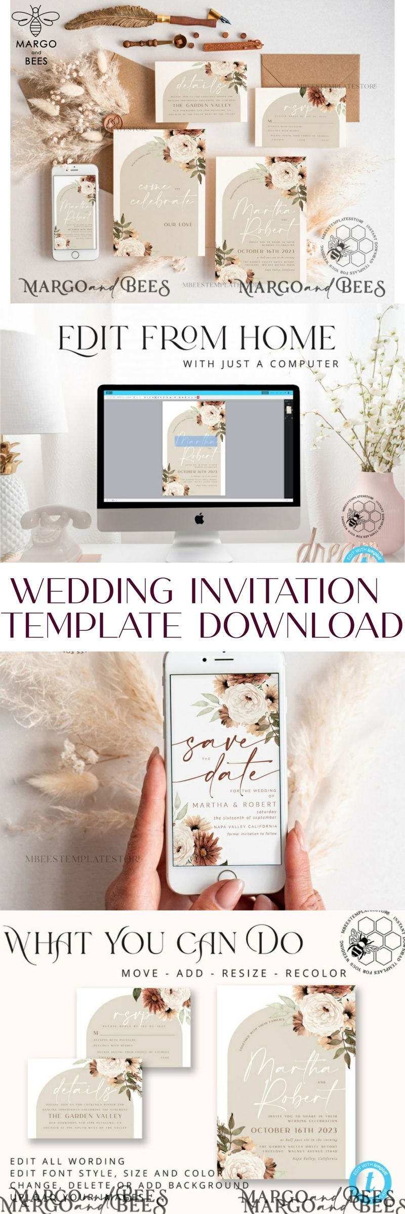 Boho Ivory wedding Invitations Set Template, Instant Download Printable Invites Home Printing, Simple Boho Wedding Invitation Card Set-10