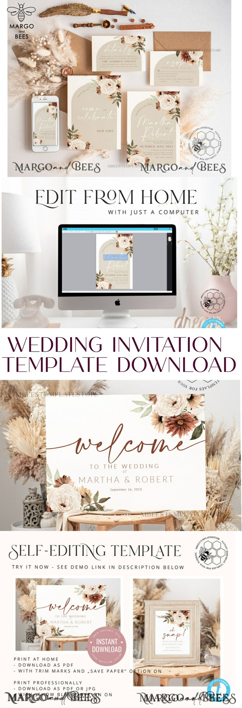 Boho Ivory wedding Invitations Set Template, Instant Download Printable Invites Home Printing, Simple Boho Wedding Invitation Card Set-9
