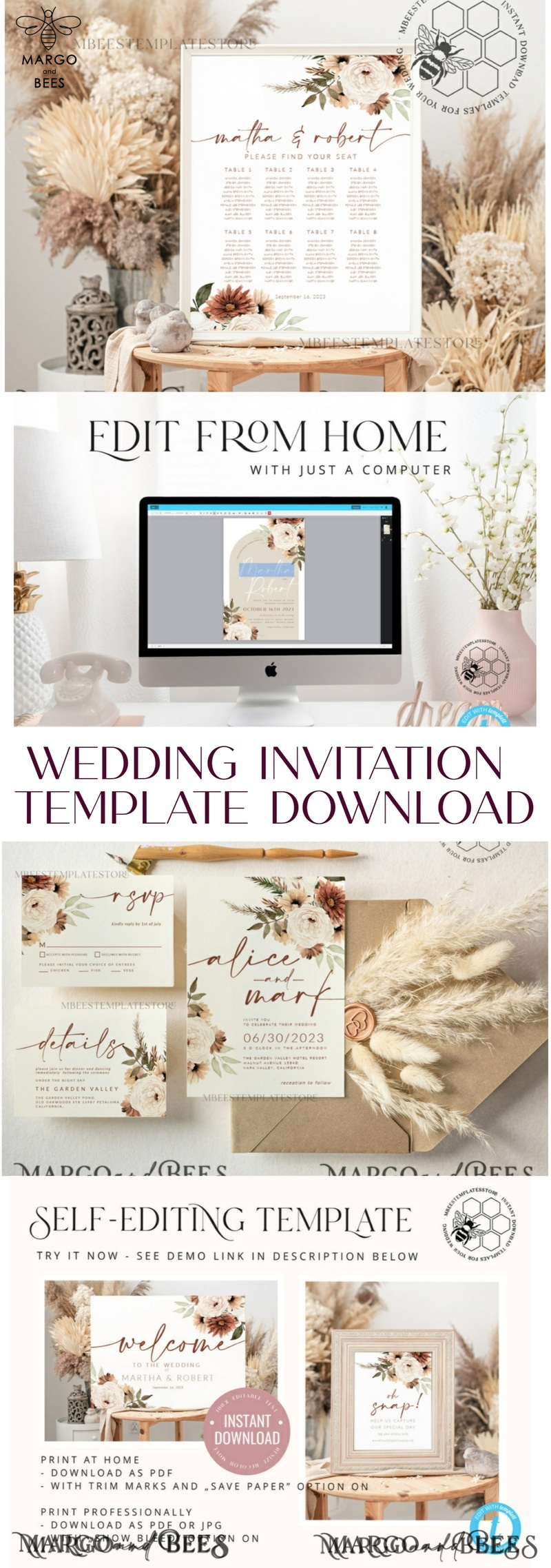 Boho Ivory wedding Invitations Set Template, Instant Download Printable Invites Home Printing, Simple Boho Wedding Invitation Card Set-8